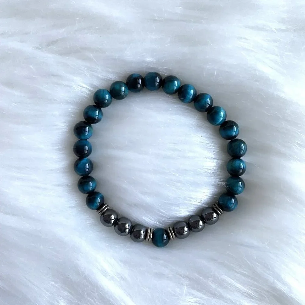 BLUE TIGER’S EYE BRACELET GEM BEAD BRACELT UNISEX NEW